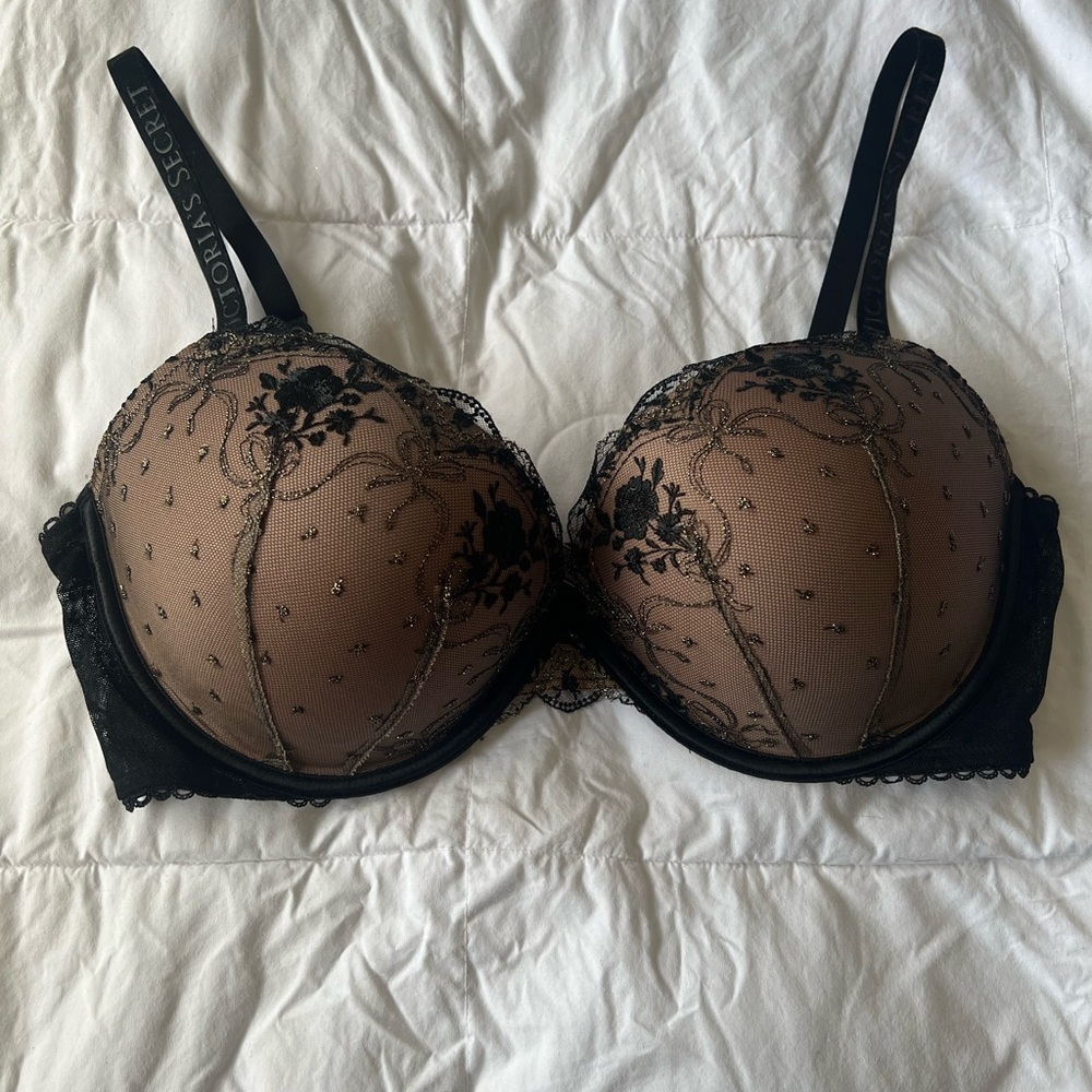 Victoria's Secret Black Lace Bra with Nude Underlay
